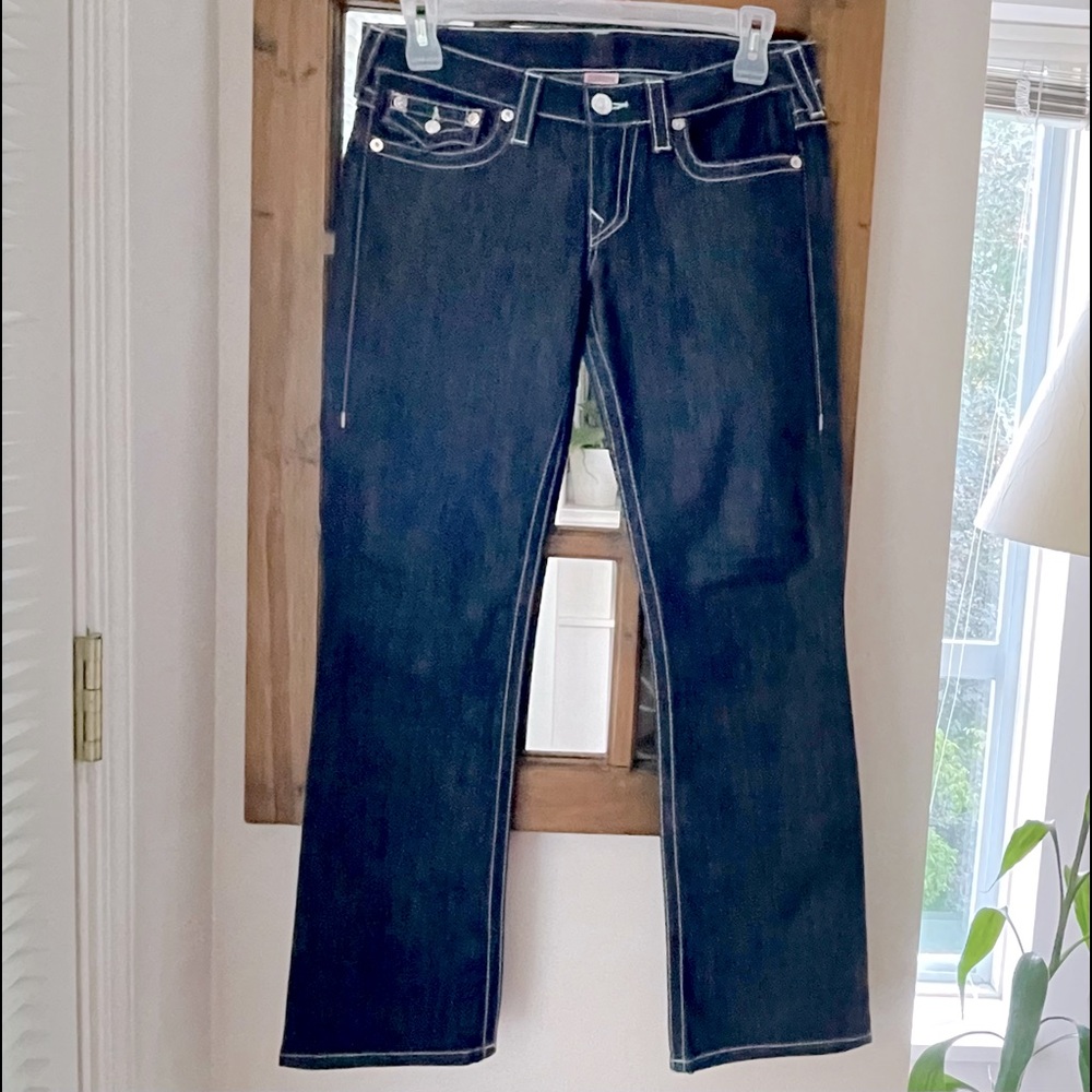 True Religion Women Dark Wash Straight Low Rise Rhinestone Back Pockets Jeans 31